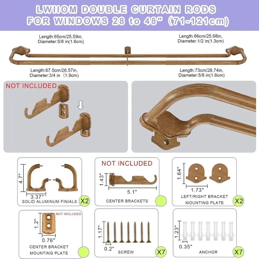 Brown Wood Grain Double Curtain Rods For Windows 72-144